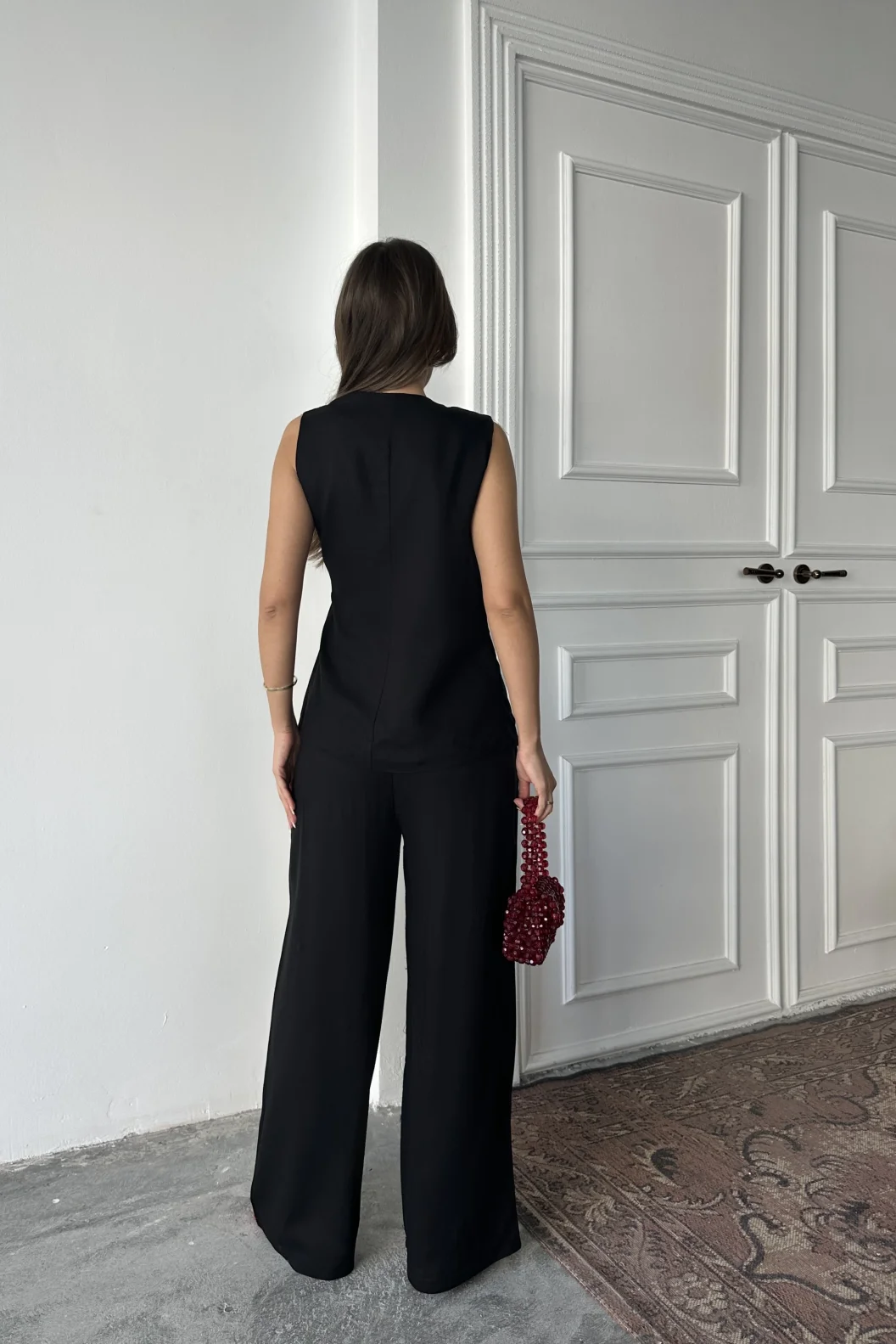 Siyah Keten Tokalı Bağlamalı Yelek Takım