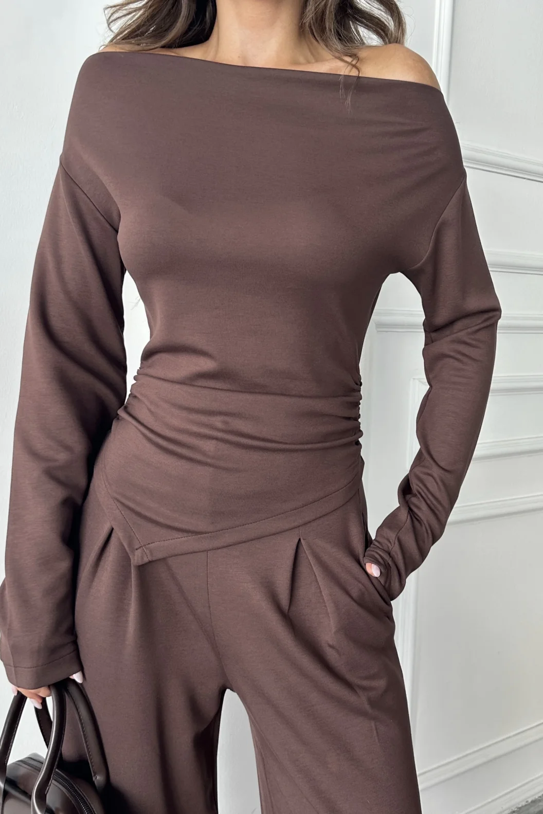 Kahve Omuz Detaylı Büzgülü Modal Takım