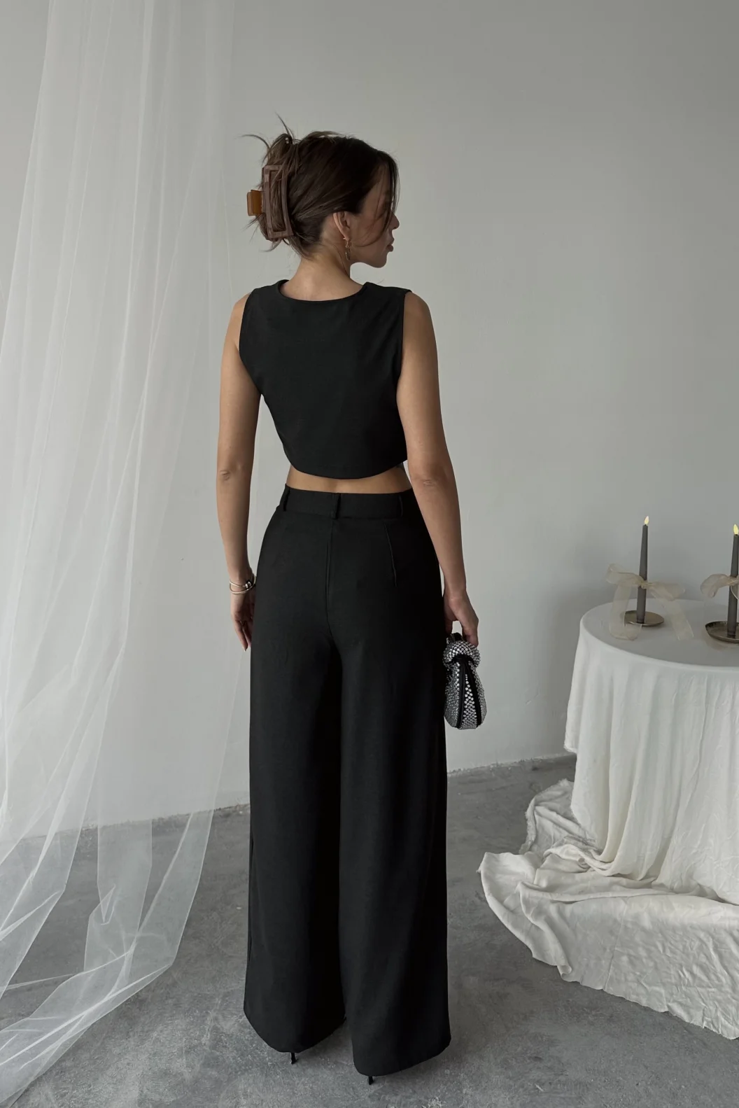 Siyah Poliviskon Çift Düğme Palazzo Pantolon