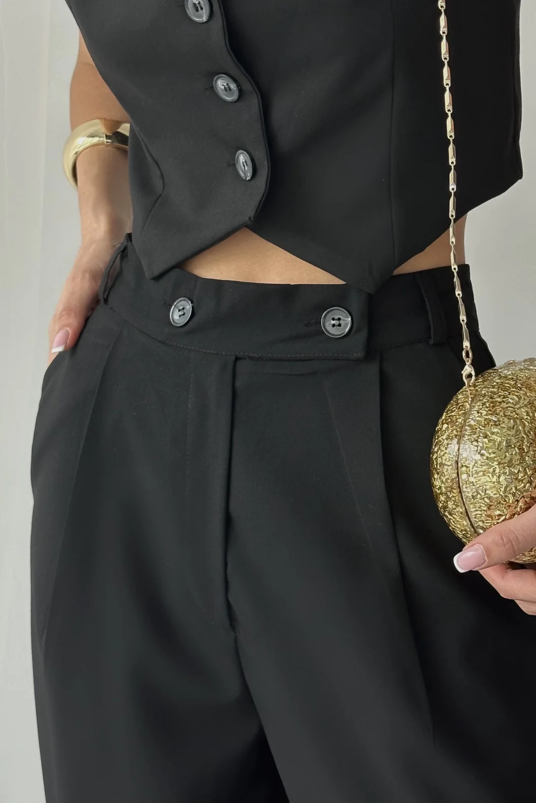 Siyah Poliviskon Çift Düğme Palazzo Pantolon