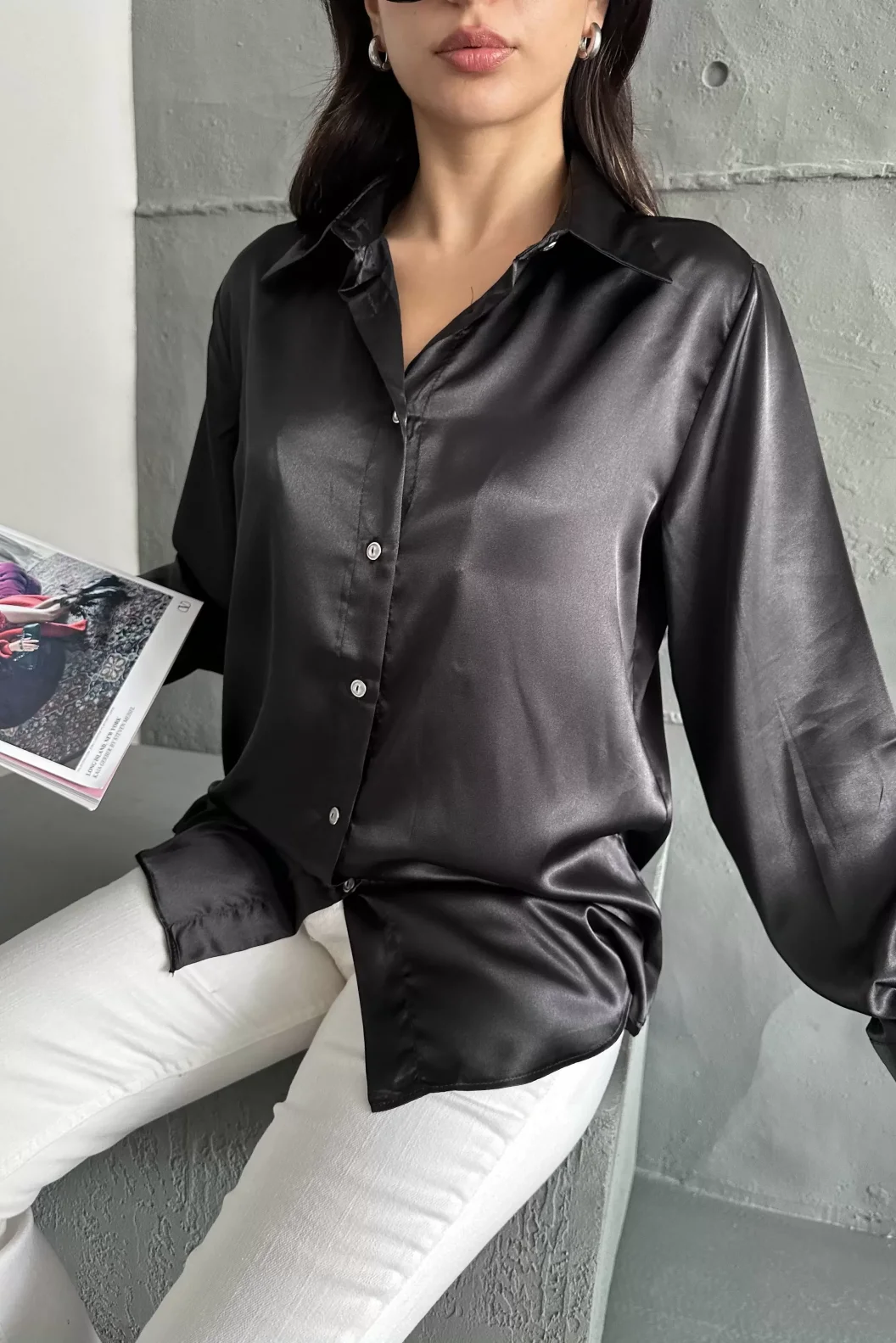 Siyah Saten Oversize Gömlek