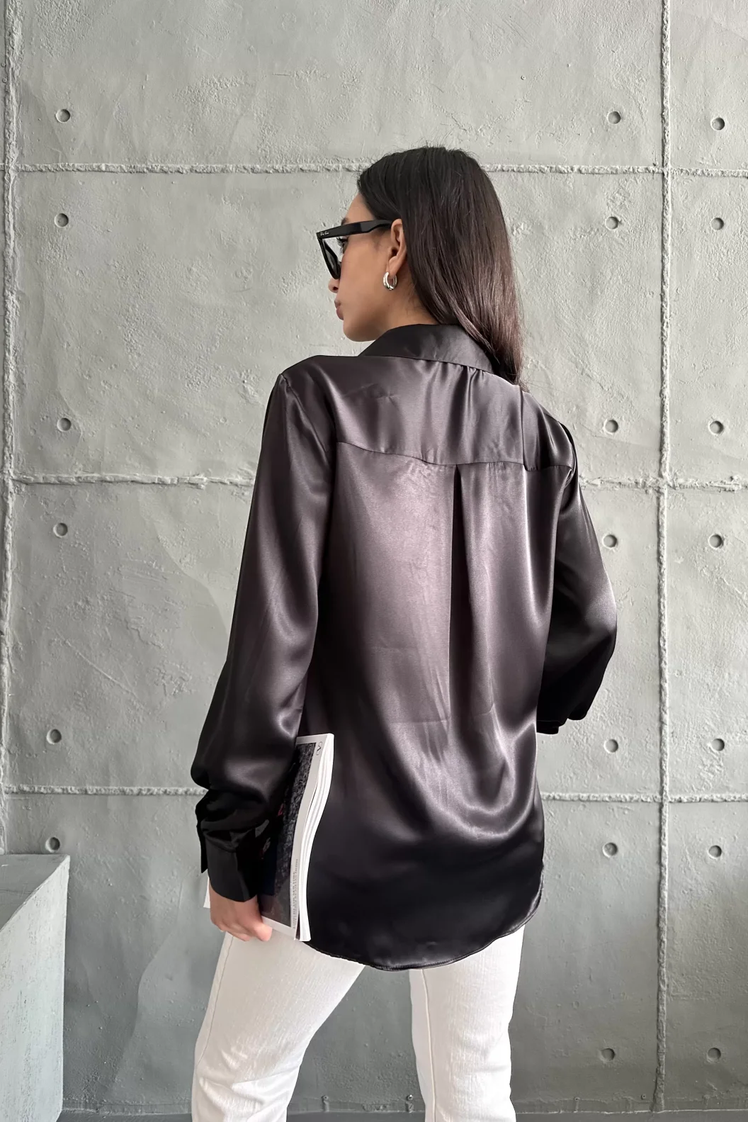 Siyah Saten Oversize Gömlek