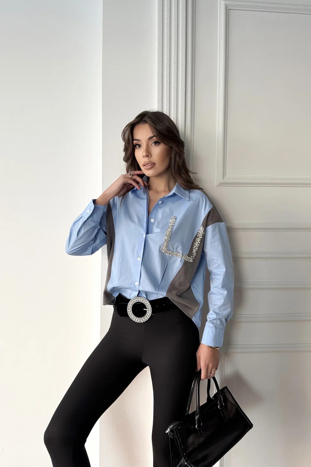 Triko Poplin Taş Detay Gömlek