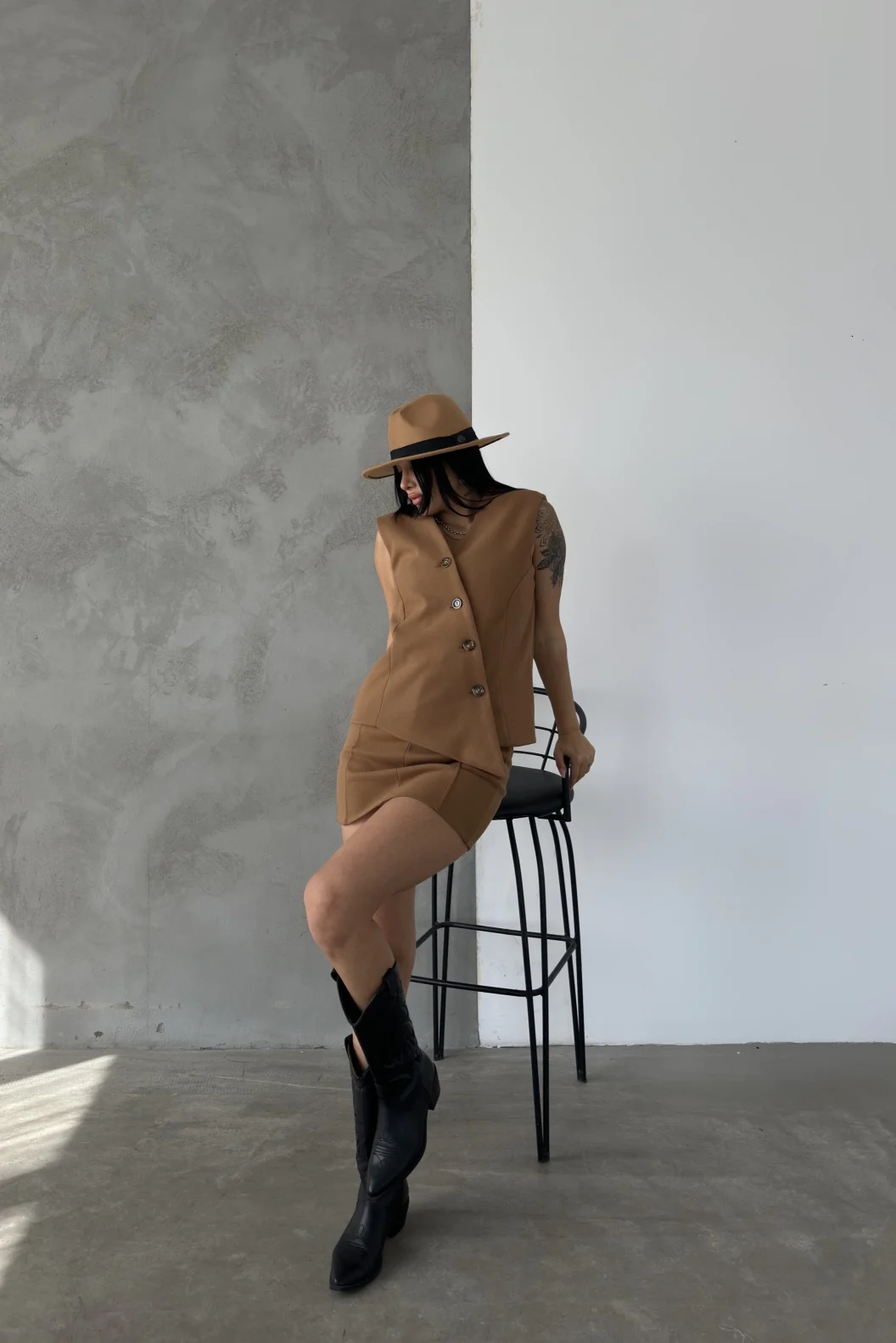 Vizon Kaşe Kruvaze Oversize Yelek Etek Takım