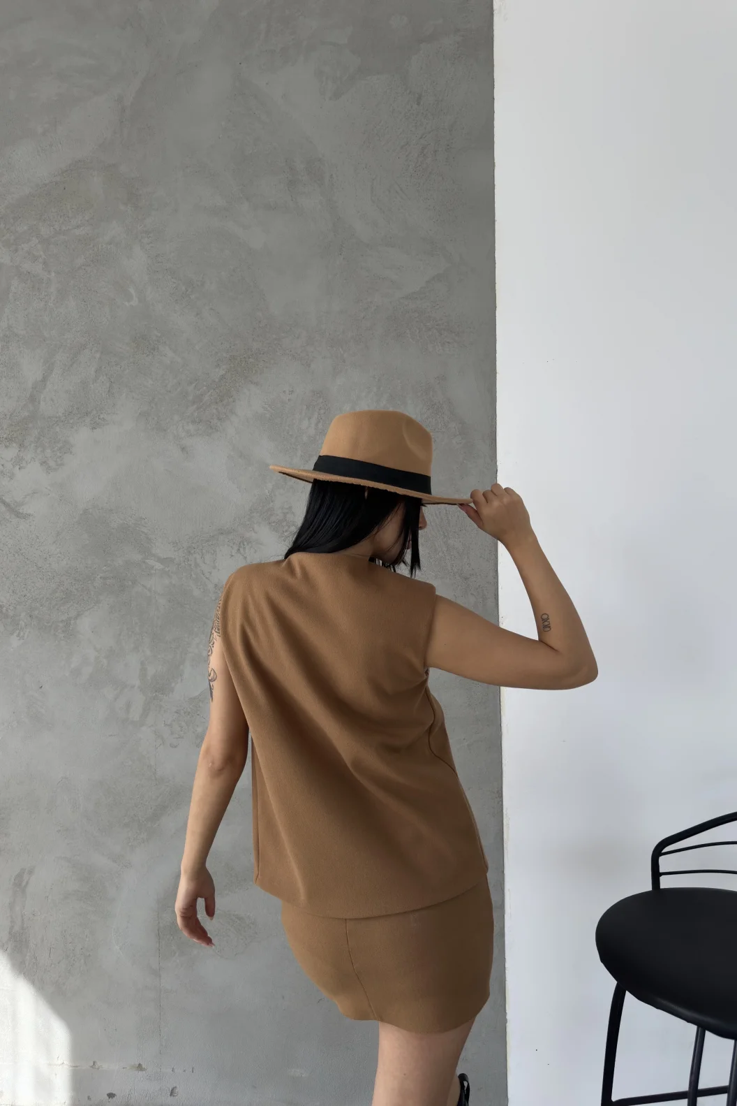 Vizon Kaşe Kruvaze Oversize Yelek Etek Takım