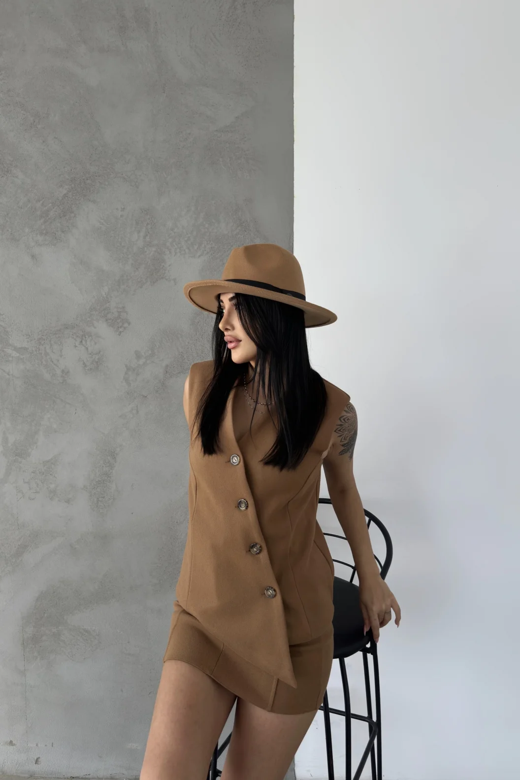 Vizon Kaşe Kruvaze Oversize Yelek Etek Takım