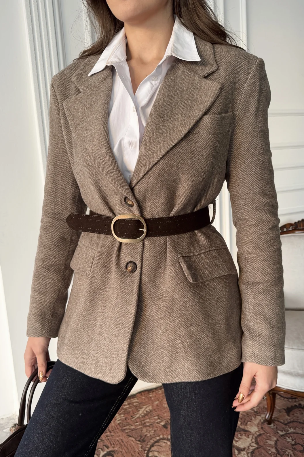 Vizon Yanları Yırtmaçlı Kemerli Ceket