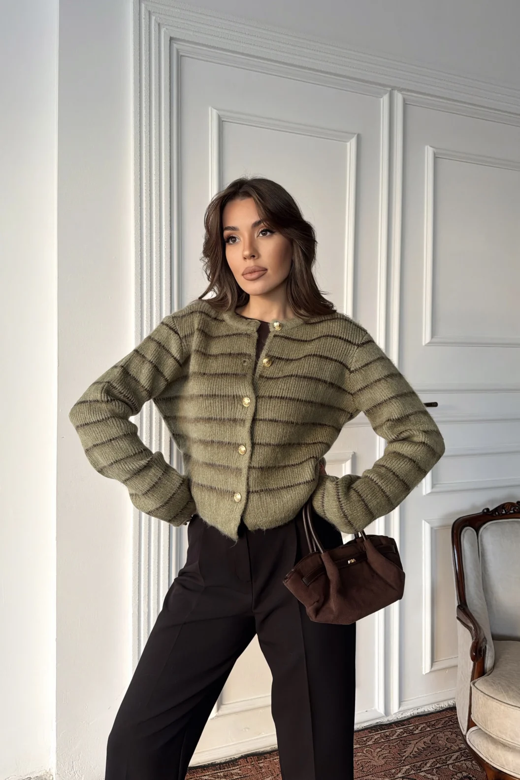 Yeşil Çizgili Triko Hırka