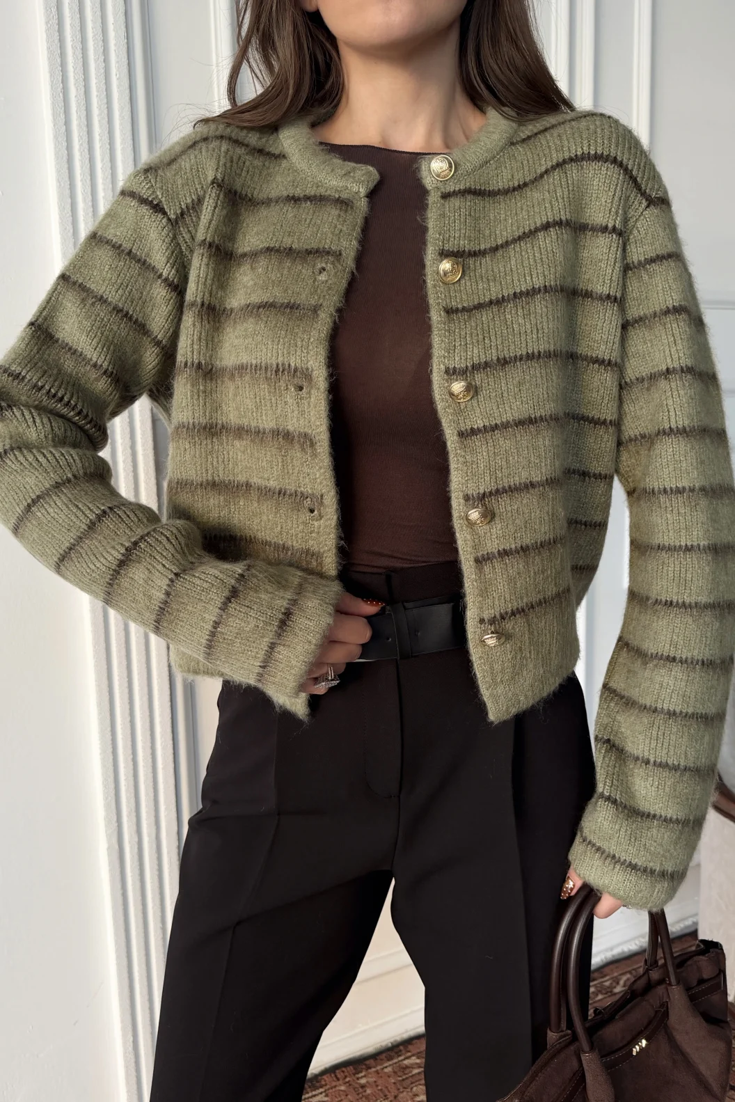 Yeşil Çizgili Triko Hırka