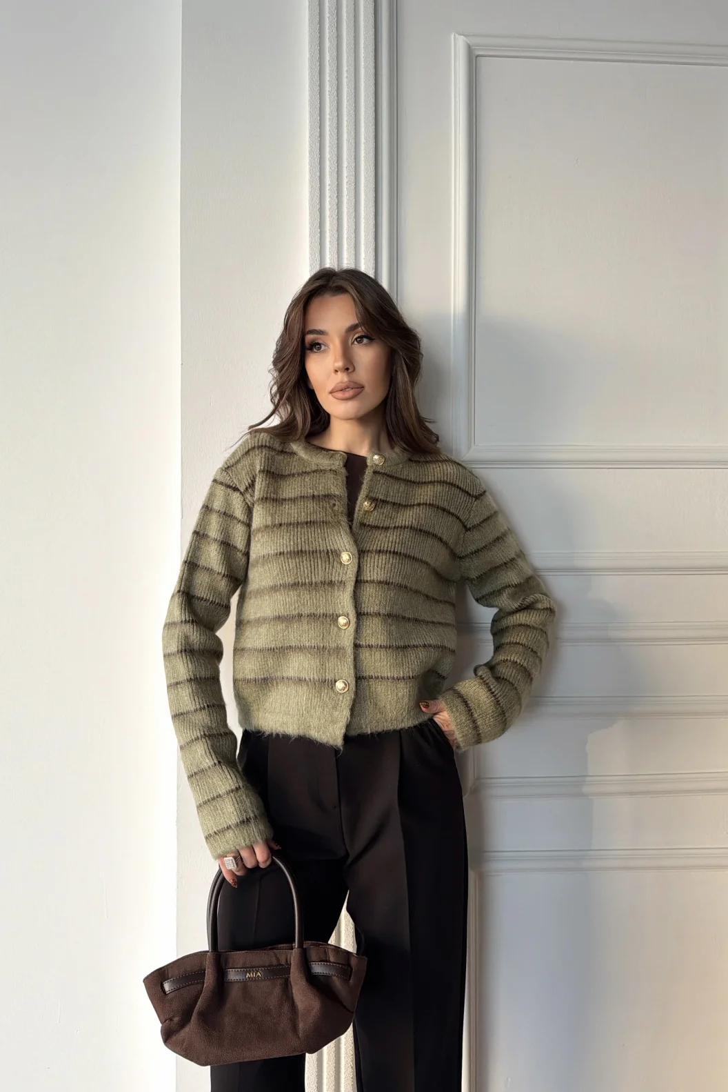 Yeşil Çizgili Triko Hırka