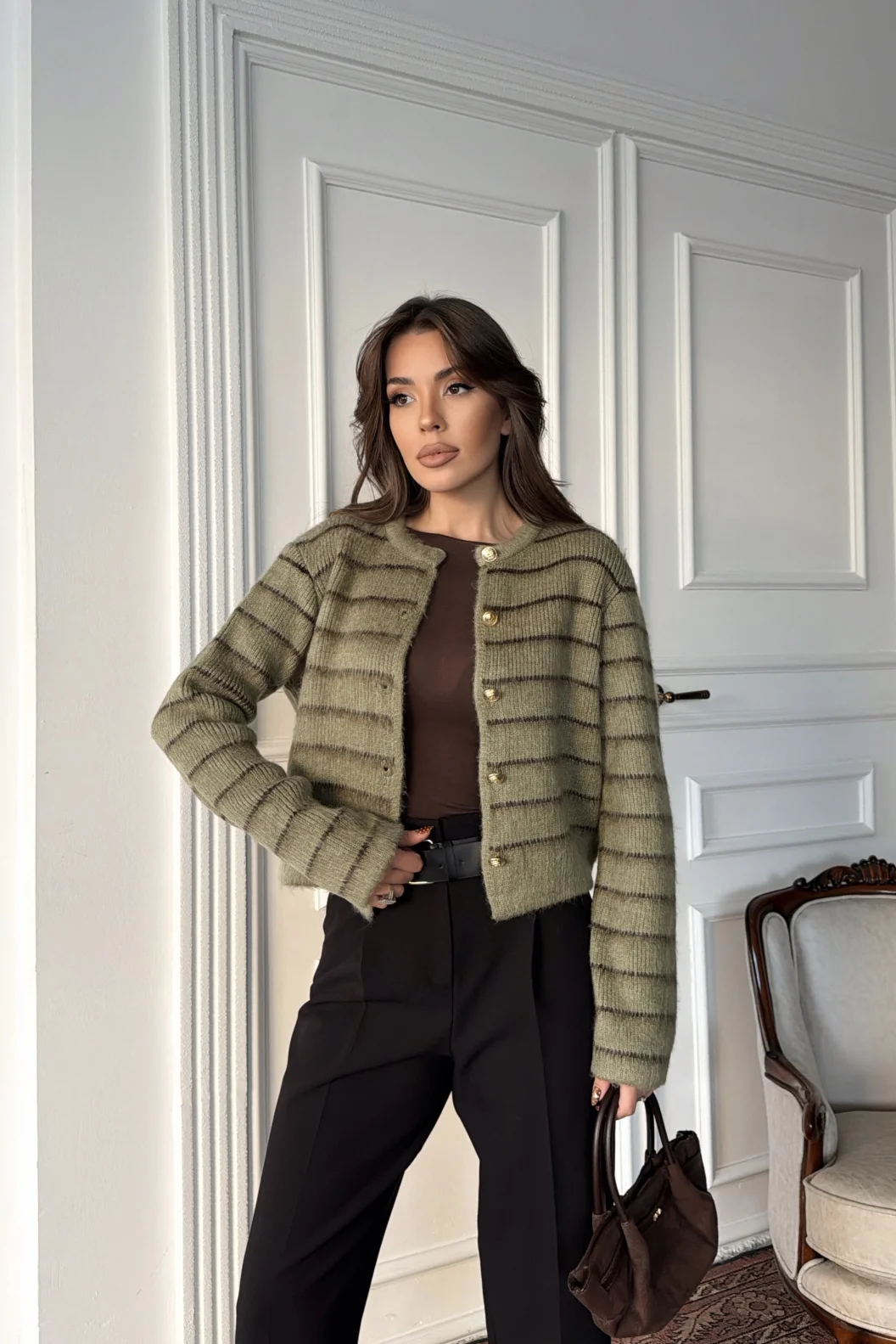 Yeşil Çizgili Triko Hırka