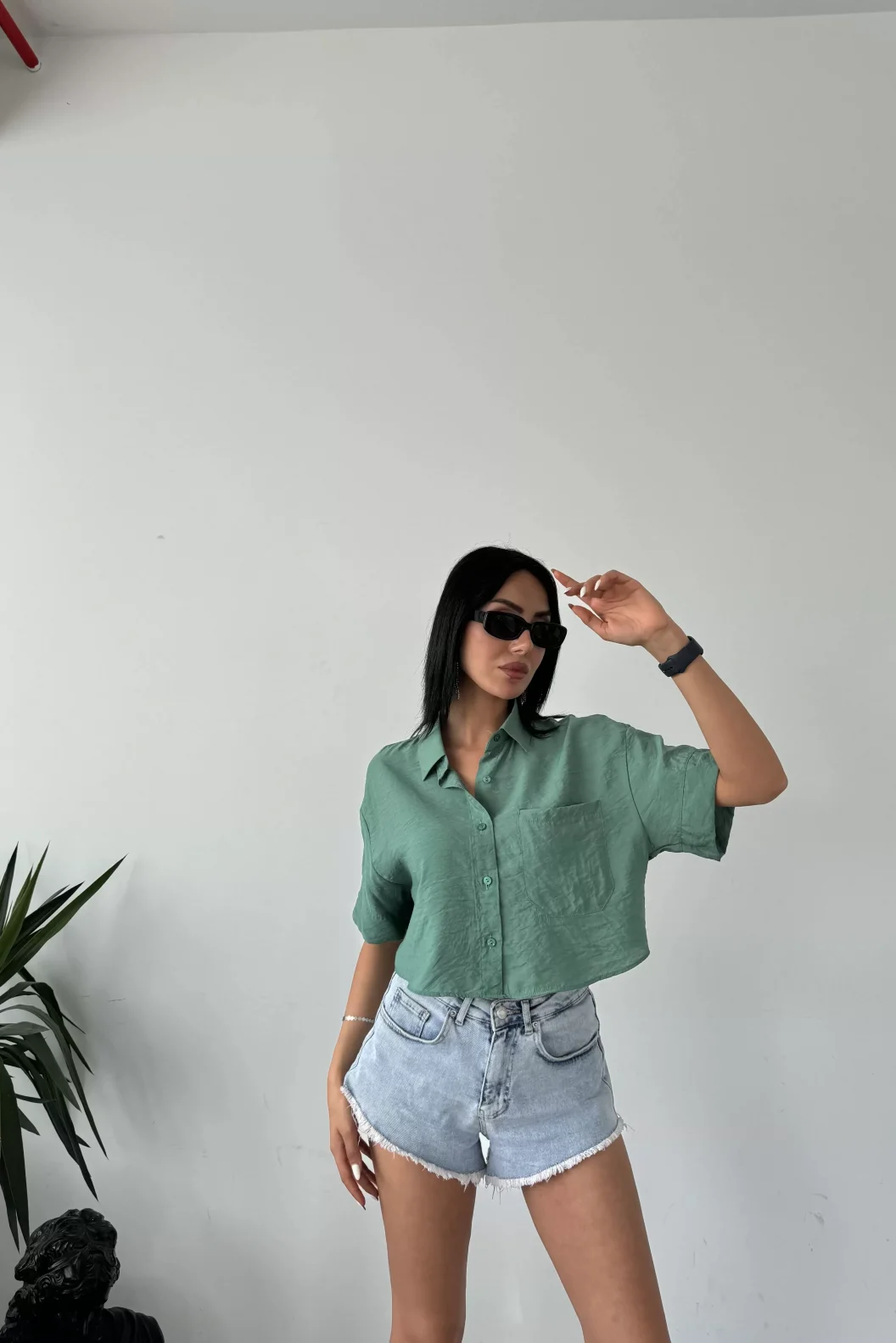 Yeşil Tensel Crop Cepli Gömlek
