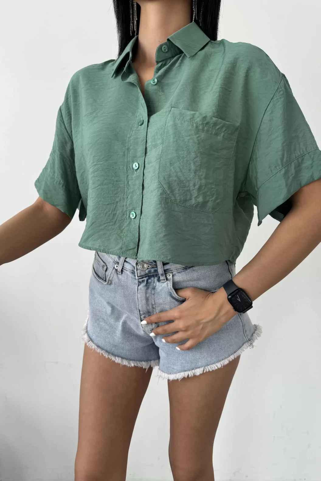 Yeşil Tensel Crop Cepli Gömlek