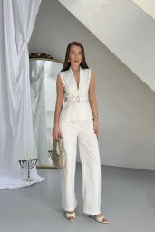 Beyaz Keten Gold Tokalı Bağlamalı Yelek Takım