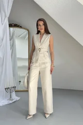 Bej Keten Gold Tokalı Bağlamalı Yelek Takım