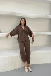 Kahverengi Modal Oversize Bluz Pantolon Takım