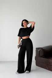 Siyah Crop Beli Lastikli Palazzo Eşofman İkili Modal Takım