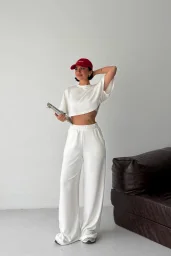 Beyaz Crop Beli Lastikli Palazzo Eşofman İkili Modal Takım