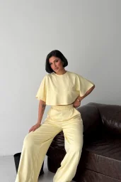 Sarı Crop Beli Lastikli Palazzo Eşofman İkili Modal Takım