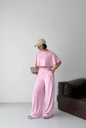 Pembe Crop Beli Lastikli Palazzo Eşofman İkili Modal Takım