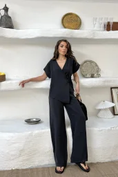 Siyah Bağlamalı Oversize Tencel Modal Takım