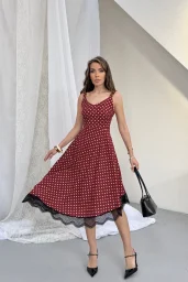 Bordo Puantiyeli Dantel Detaylı Elbise