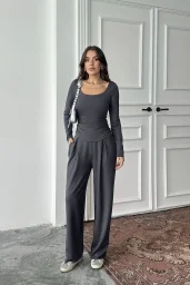 Antrasit Kare Yaka Büzgülü Modal Takım