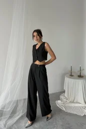 Antrasit Poliviskon Çift Düğme Palazzo Pantolon