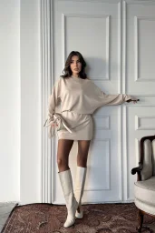 Bej düşük Omuz Beli Lastikli Elbise