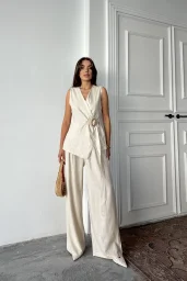 Bej Keten Tokalı Bağlamalı Yelek Takım