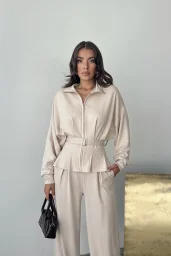 Bej Modal Pileli Bağlamalı Ceket Takım