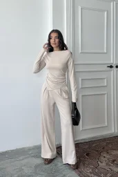 Bej Omuz Detaylı Büzgülü Modal Takım