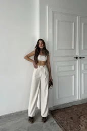 Bej Poliviskon Çift Düğme Palazzo Pantolon