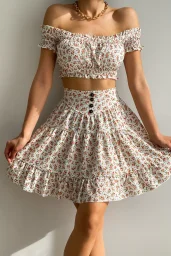 Beyaz Çiçek Desenli Büstiyer Etek Takım