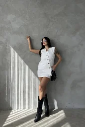 Beyaz Kaşe Kruvaze Oversize Yelek Etek Takım