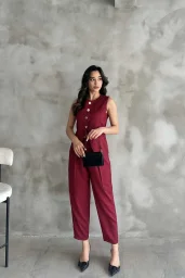 Bordo Altın Düğmeli Yelek Pileli Pantolon Takım