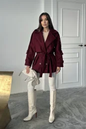 Bordo Modern Kesim Bordo Kaşe Kaban