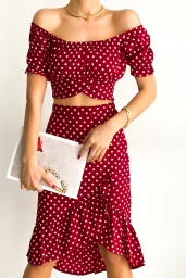 Bordo Puantiye Büstiyer Etek Takım