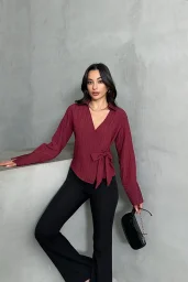 Bordo Yan Bağlamalı Çizgi Desenli Gömlek