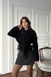 Dilvin Siyah Fermuarlı Kemerli Yünlü Triko Hırka