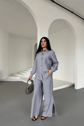 Gri Çilek Gömlek Yırtmaçlı Pantolon Takım