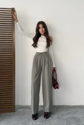 Gri Kemer Detaylı Palazzo Pantolon