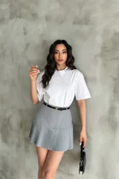 Gri Pile Detaylı Poliviskon Etek