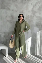 Haki Çilek Gömlek Yırtmaçlı Pantolon Takım