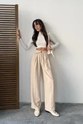 Bej Kemer Detaylı Palazzo Pantolon