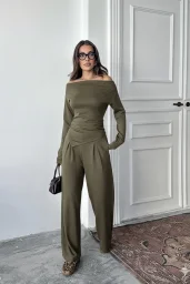 Haki Omuz Detaylı Büzgülü Modal Takım