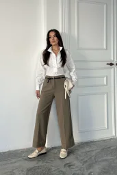 Haki Paça Detaylı Kemerli Pantolon