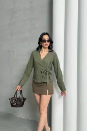 Haki Yan Bağlamalı Çizgi Desenli Gömlek