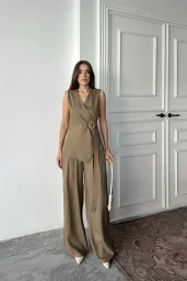 Kahve Keten Tokalı Bağlamalı Yelek Takım