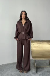 Kahve Modal Pileli Bağlamalı Ceket Takım